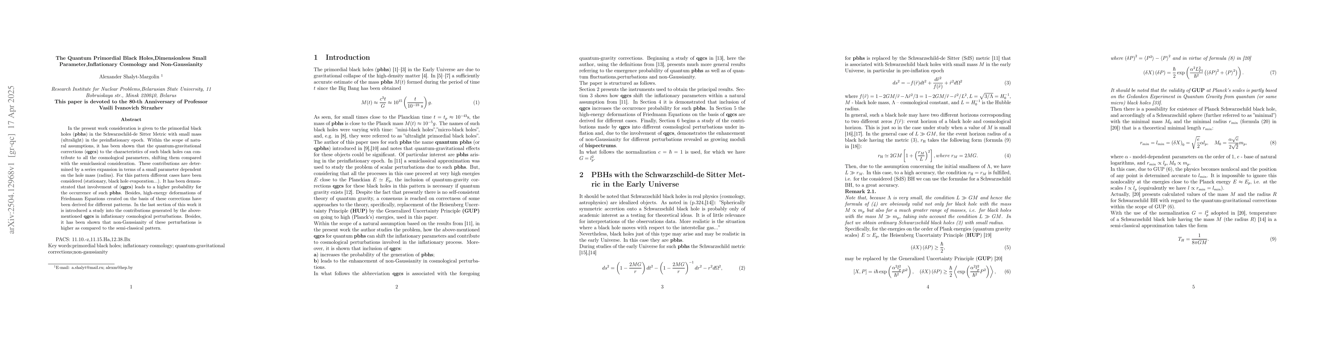 Thumbnail for The Quantum Primordial Black Holes, Dimensionless Small Parameter,
  Inflationary Cosmology and Non-Gaussianity