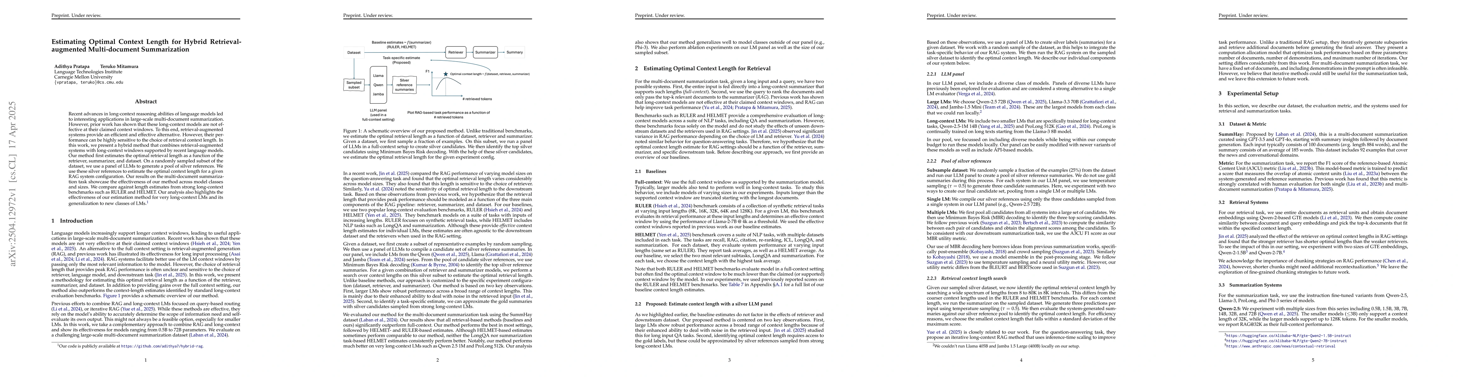 Thumbnail for Estimating Optimal Context Length for Hybrid Retrieval-augmented
  Multi-document Summarization