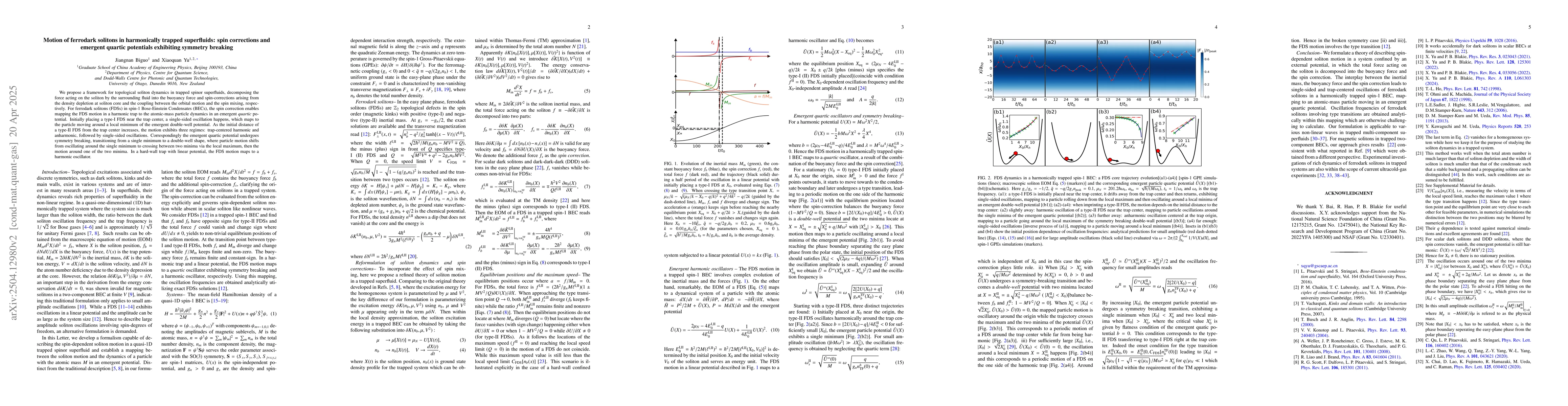 Thumbnail for Motion of ferrodark solitons in harmonically trapped superfluids: spin
  corrections and emergent quartic potentials exhibiting symmetry breaking