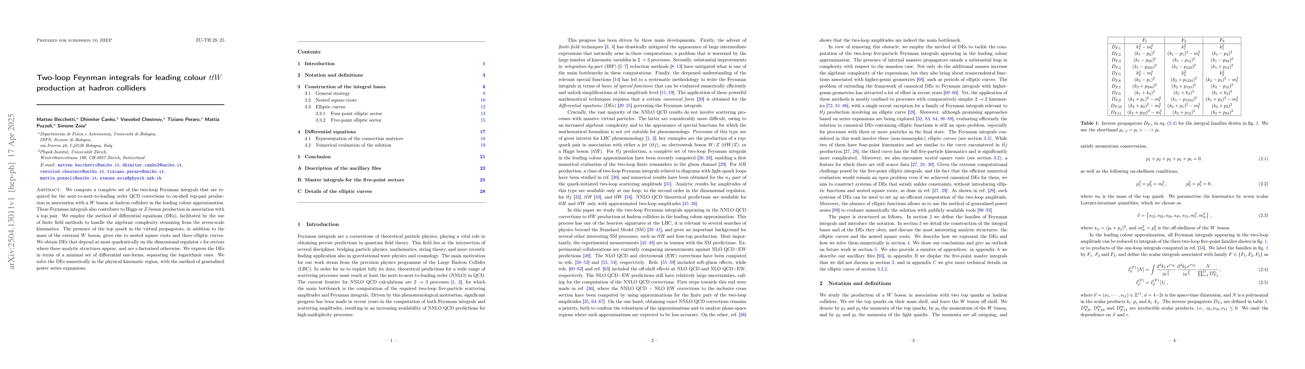 Thumbnail for Two-loop Feynman integrals for leading colour $t\bar{t}W$ production at
  hadron colliders
