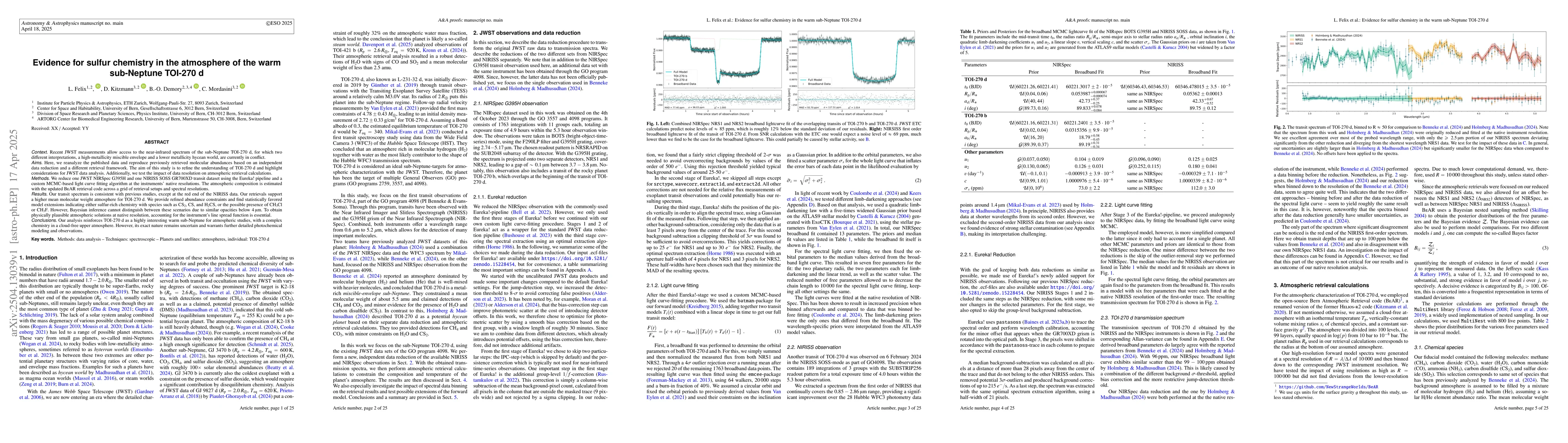 Thumbnail for Evidence for sulfur chemistry in the atmosphere of the warm sub-Neptune
  TOI-270 d