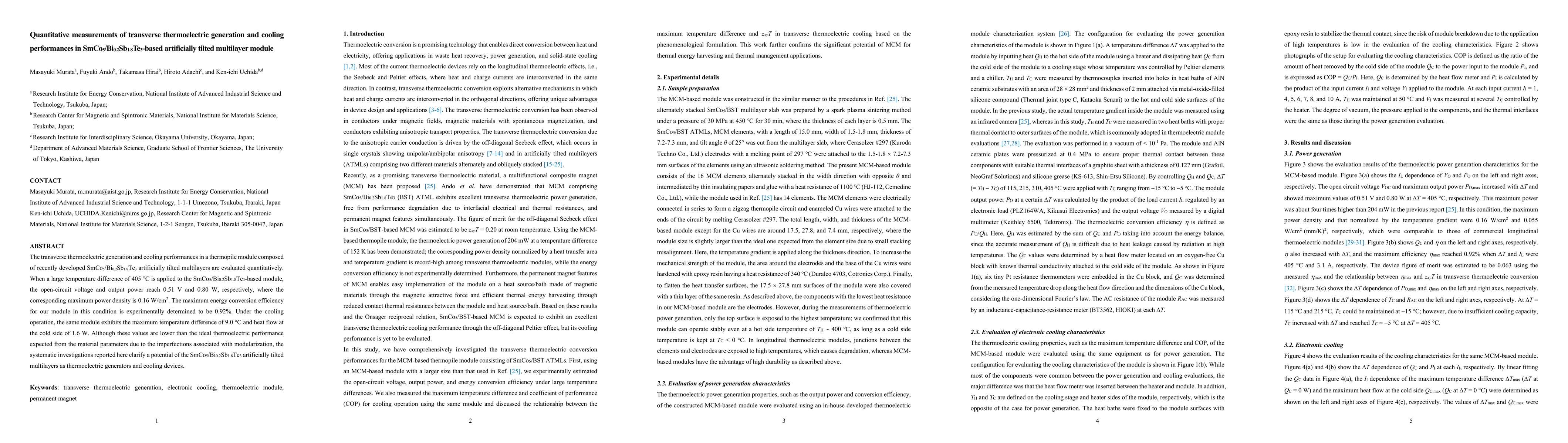 Thumbnail for Quantitative measurements of transverse thermoelectric generation and
  cooling performances in SmCo$_5$/Bi$_{0.2}$Sb$_{1.8}$Te$_3$-based
  artificially tilted multilayer module
