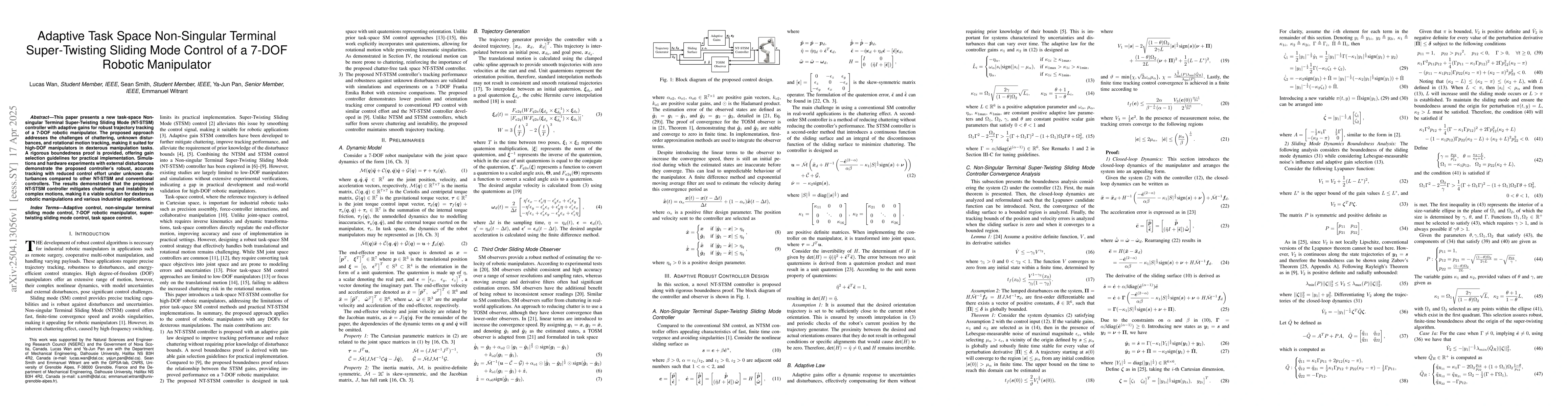 Thumbnail for Adaptive Task Space Non-Singular Terminal Super-Twisting Sliding Mode
  Control of a 7-DOF Robotic Manipulator