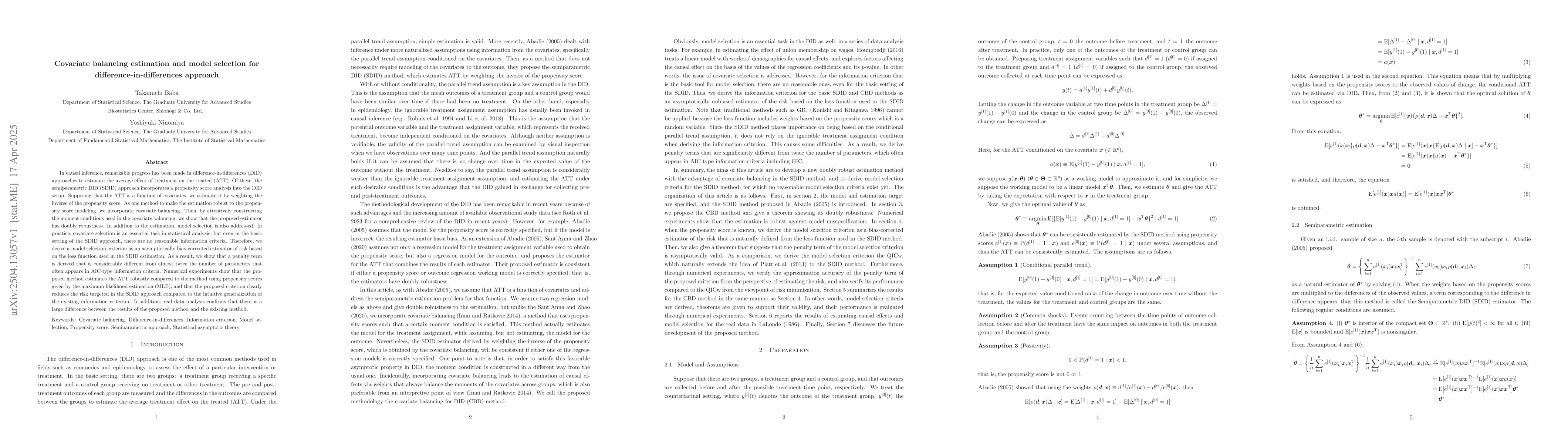 Thumbnail for Covariate balancing estimation and model selection for
  difference-in-differences approach