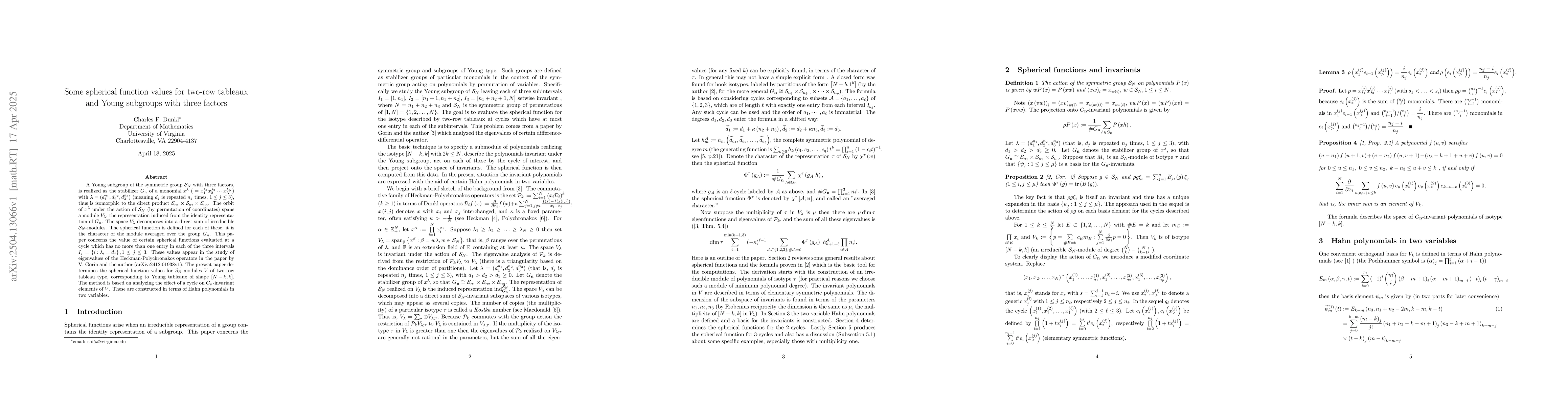 Thumbnail for Some spherical function values for two-row tableaux and Young subgroups
  with three factors
