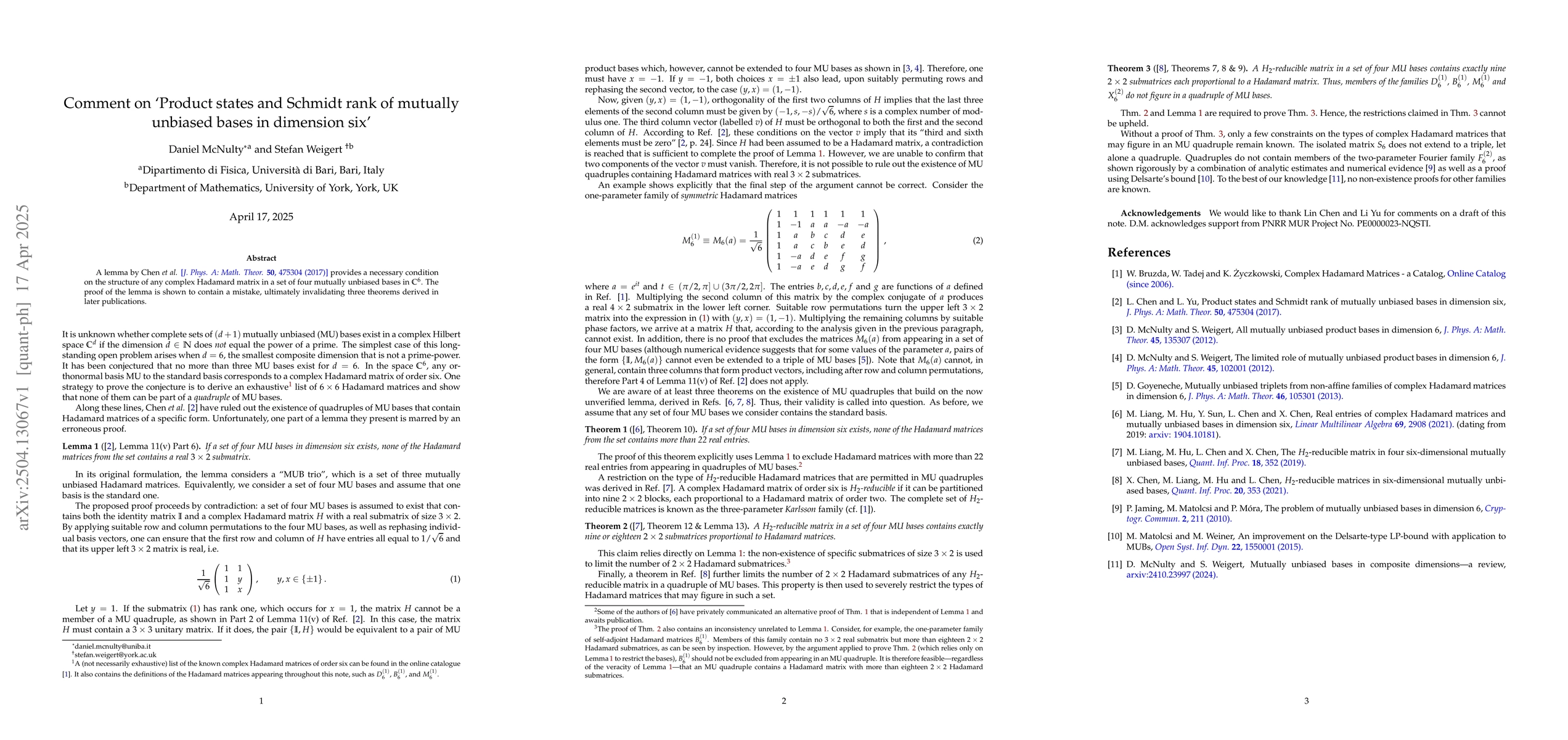Thumbnail for Comment on 'Product states and Schmidt rank of mutually unbiased bases
  in dimension six'