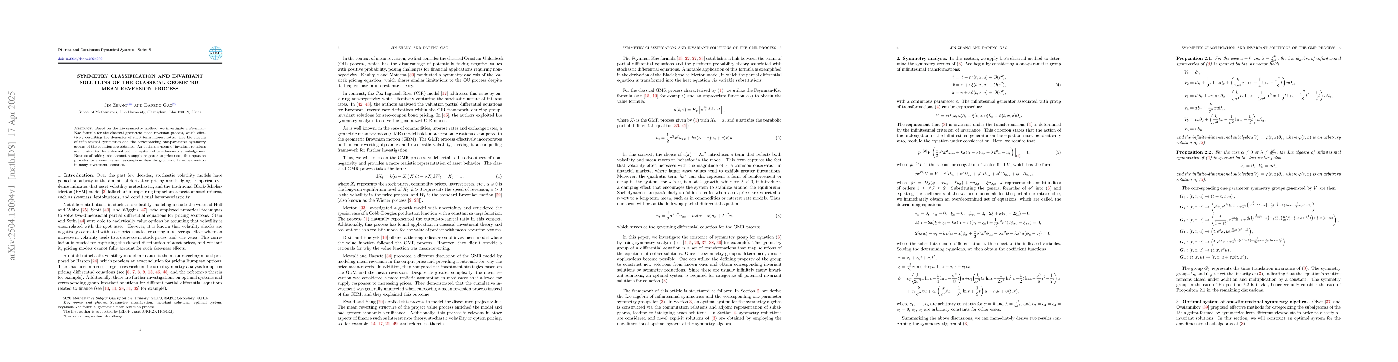 Thumbnail for Symmetry classification and invariant solutions of the classical
  geometric mean reversion process