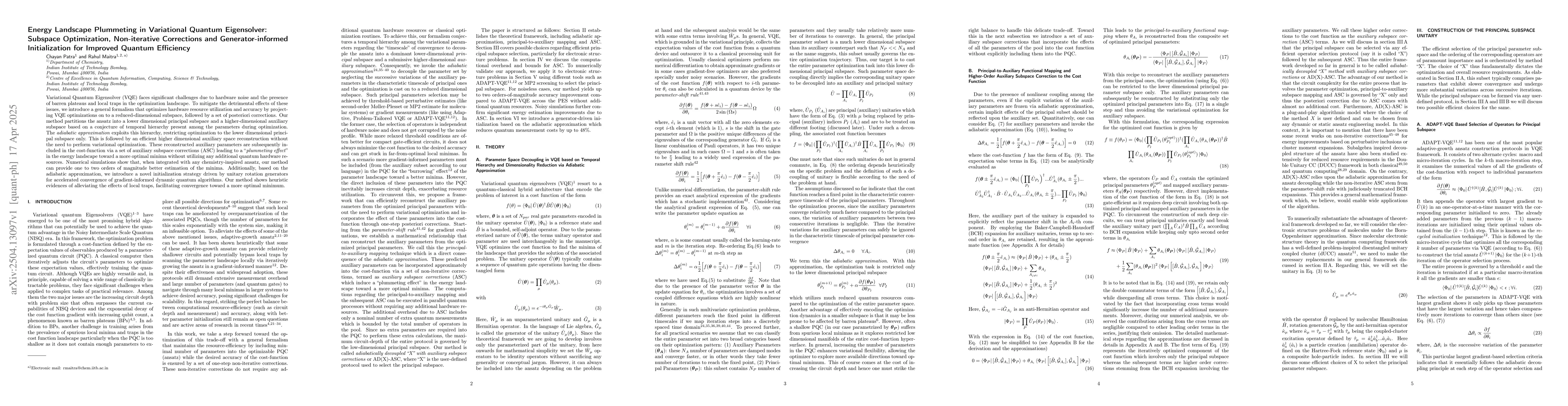 Thumbnail for Energy Landscape Plummeting in Variational Quantum Eigensolver: Subspace
  Optimization, Non-iterative Corrections and Generator-informed Initialization
  for Improved Quantum Efficiency