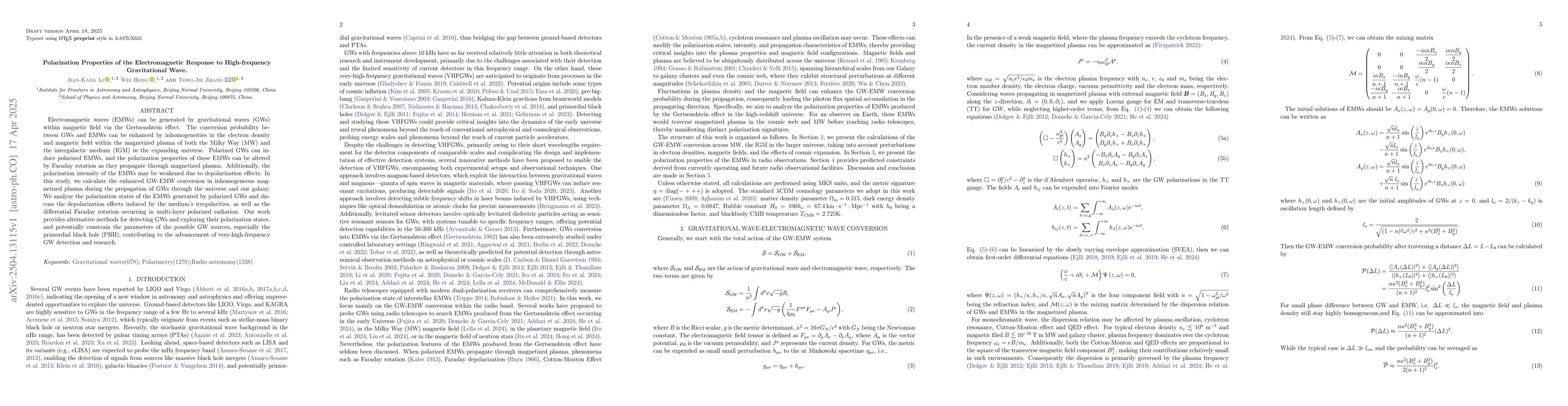 Thumbnail for Polarization Properties of the Electromagnetic Response to
  High-frequency Gravitational Wave