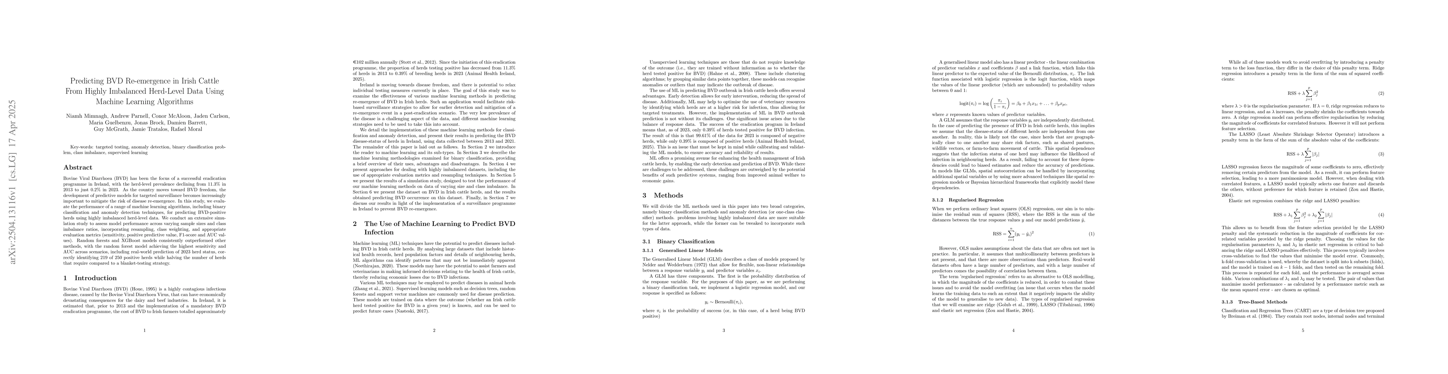 Thumbnail for Predicting BVD Re-emergence in Irish Cattle From Highly Imbalanced
  Herd-Level Data Using Machine Learning Algorithms