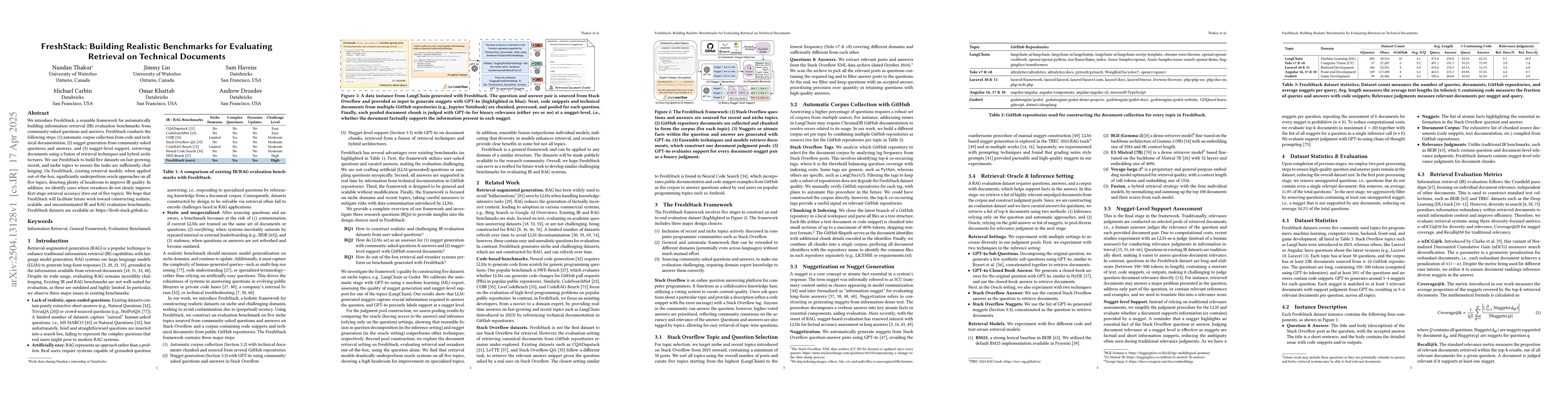 Thumbnail for FreshStack: Building Realistic Benchmarks for Evaluating Retrieval on
  Technical Documents