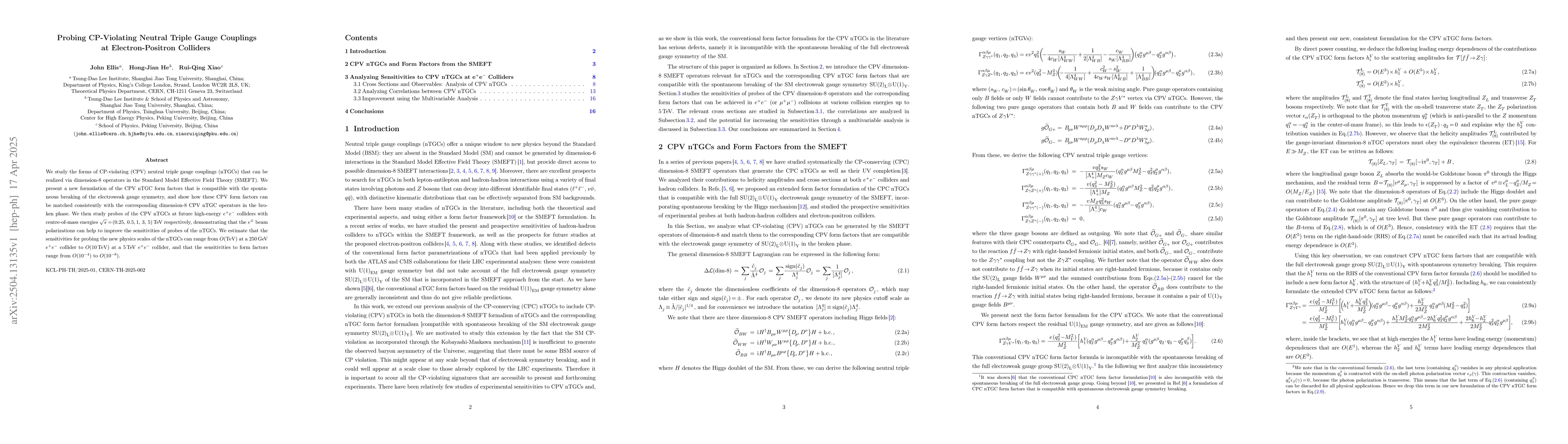 Thumbnail for Probing CP-Violating Neutral Triple Gauge Couplings at Electron-Positron
  Colliders