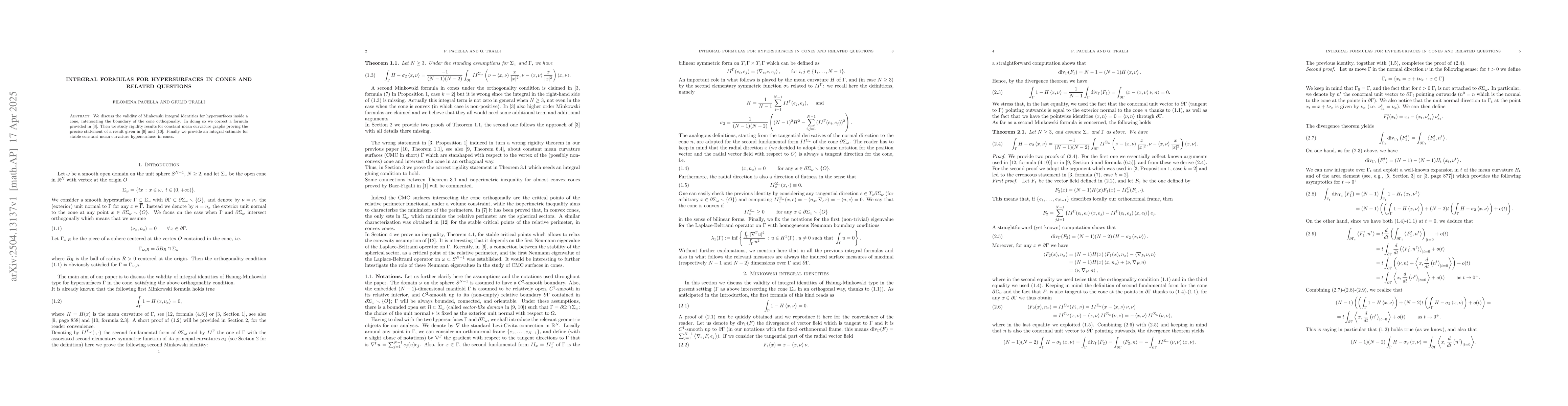 Thumbnail for Integral formulas for hypersurfaces in cones and related questions