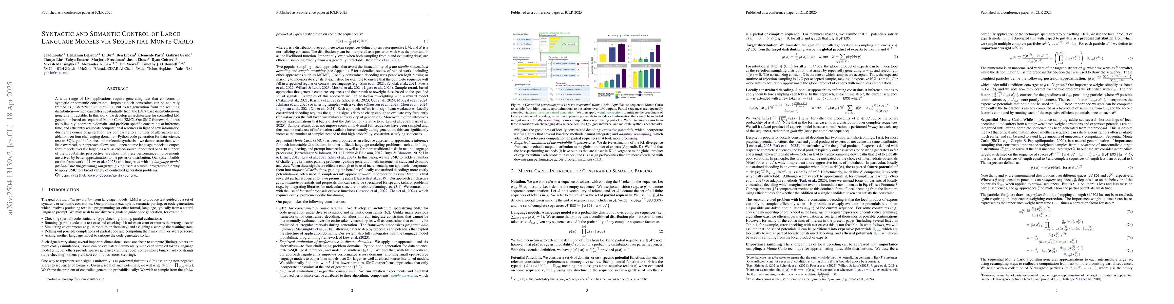 Thumbnail for Syntactic and Semantic Control of Large Language Models via Sequential
  Monte Carlo