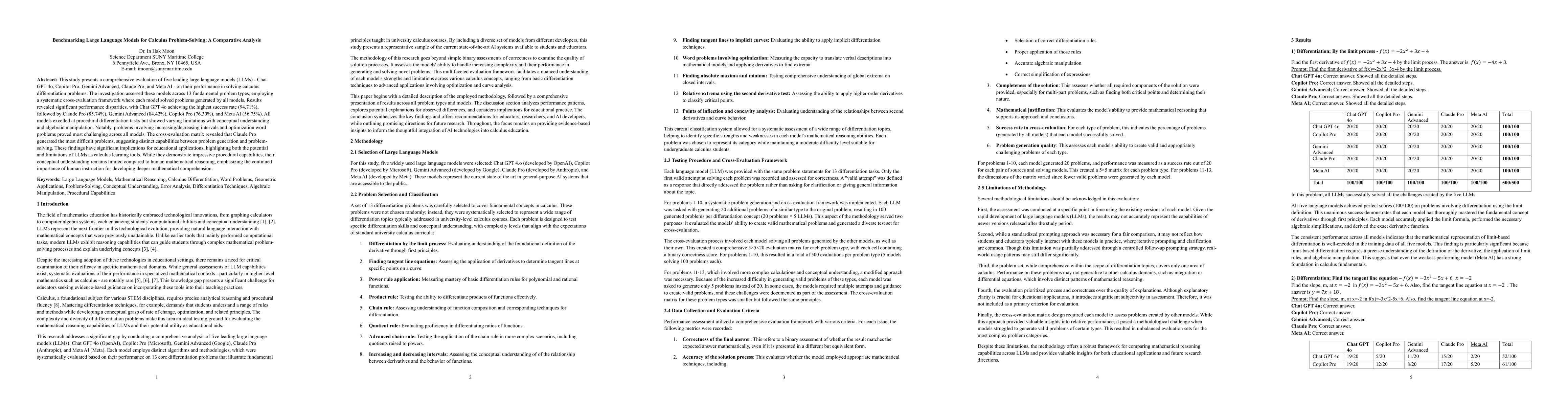 Thumbnail for Benchmarking Large Language Models for Calculus Problem-Solving: A
  Comparative Analysis