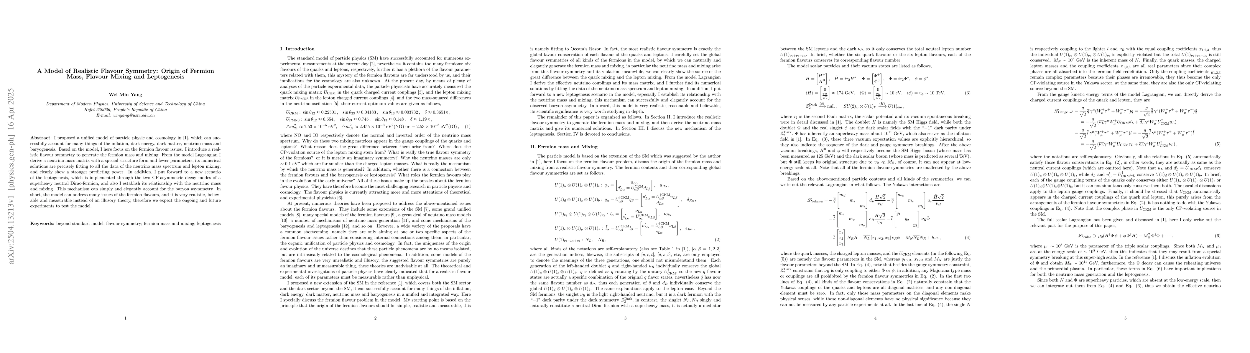 Thumbnail for A Model of Realistic Flavour Symmetry: Origin of Fermion Mass, Flavour
  Mixing and Leptogenesis