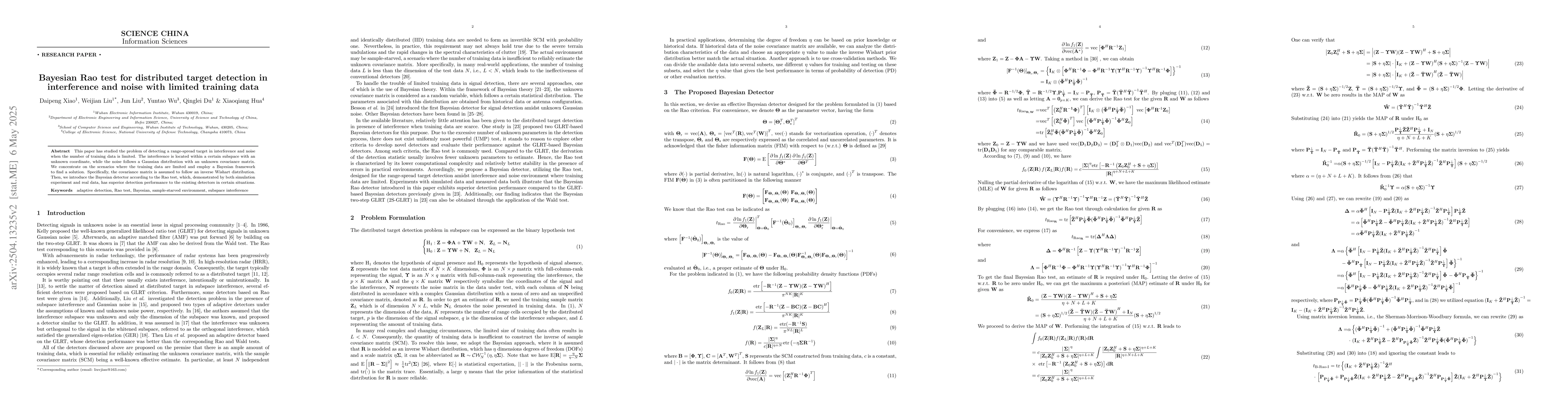 Thumbnail for Bayesian Rao test for distributed target detection in interference and
  noise with limited training data