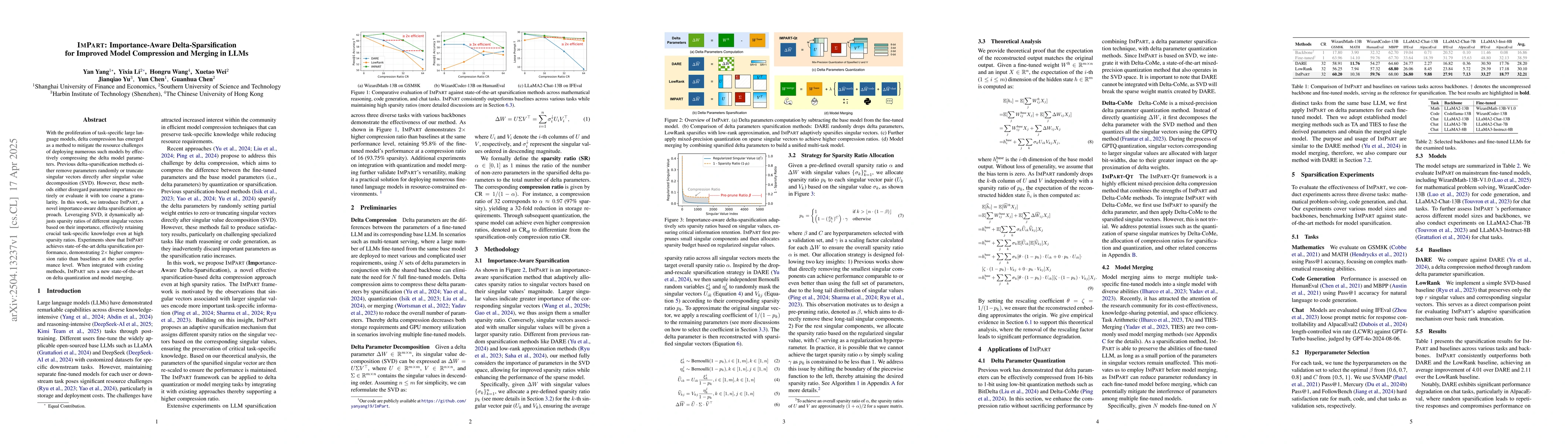 Thumbnail for ImPart: Importance-Aware Delta-Sparsification for Improved Model
  Compression and Merging in LLMs