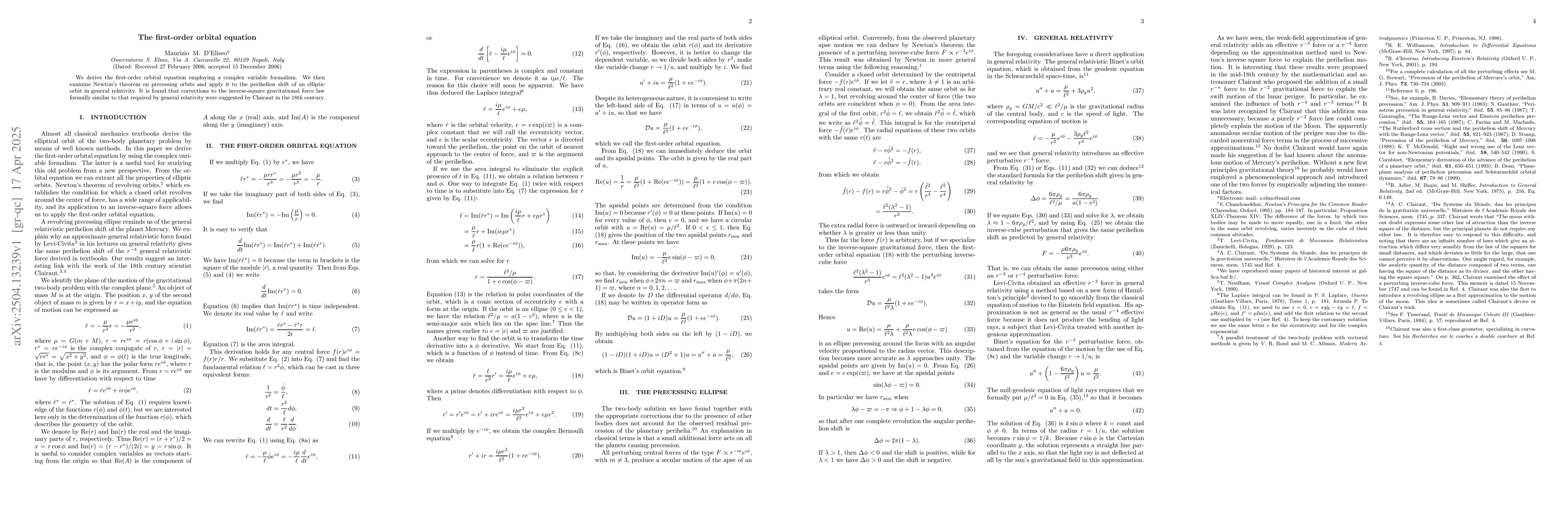 Thumbnail for The first-order orbital equation