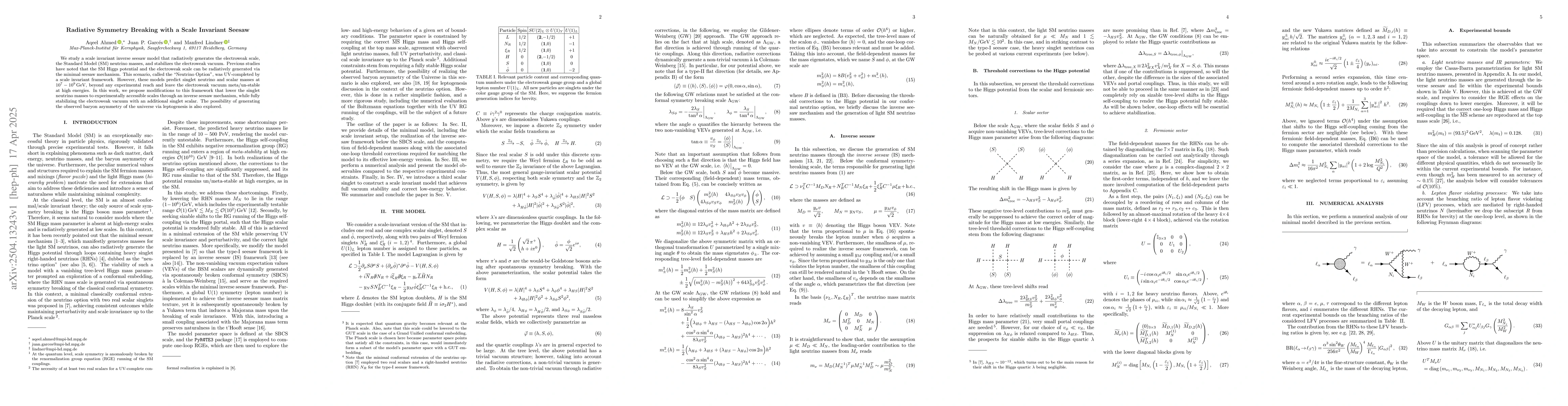 Thumbnail for Radiative Symmetry Breaking with a Scale Invariant Seesaw