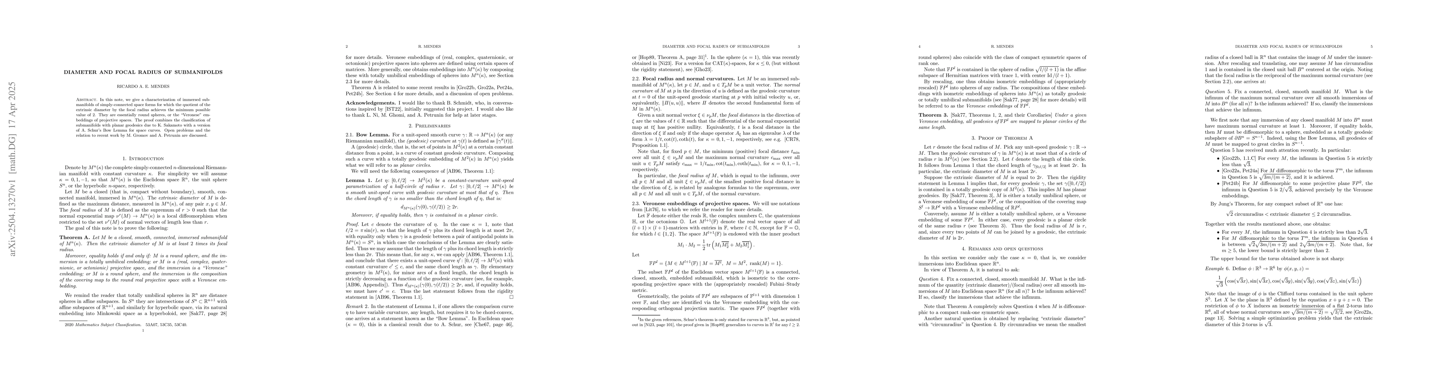 Thumbnail for Diameter and focal radius of submanifolds