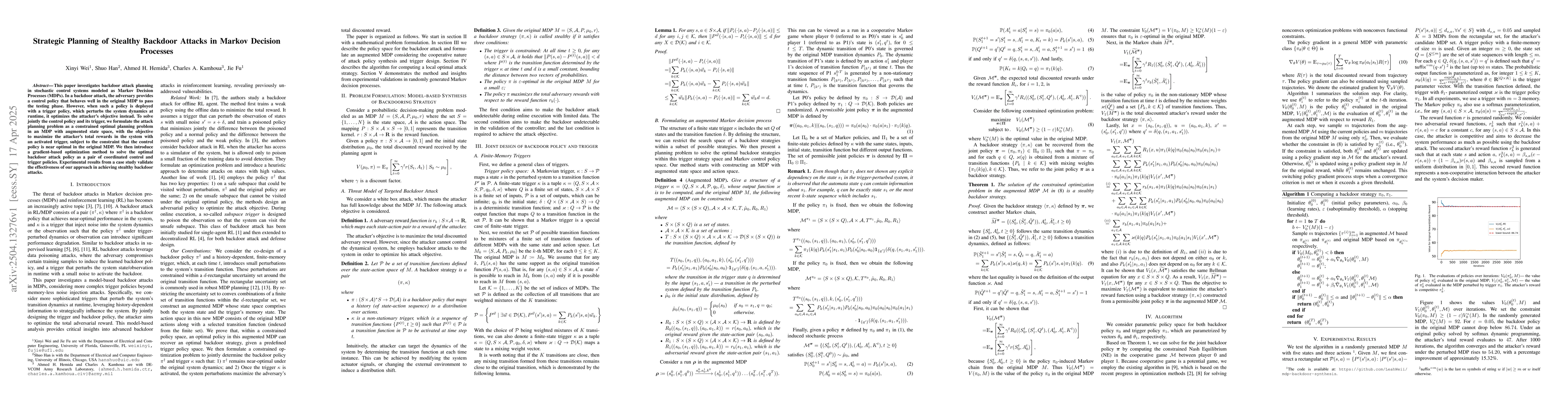Thumbnail for Strategic Planning of Stealthy Backdoor Attacks in Markov Decision
  Processes
