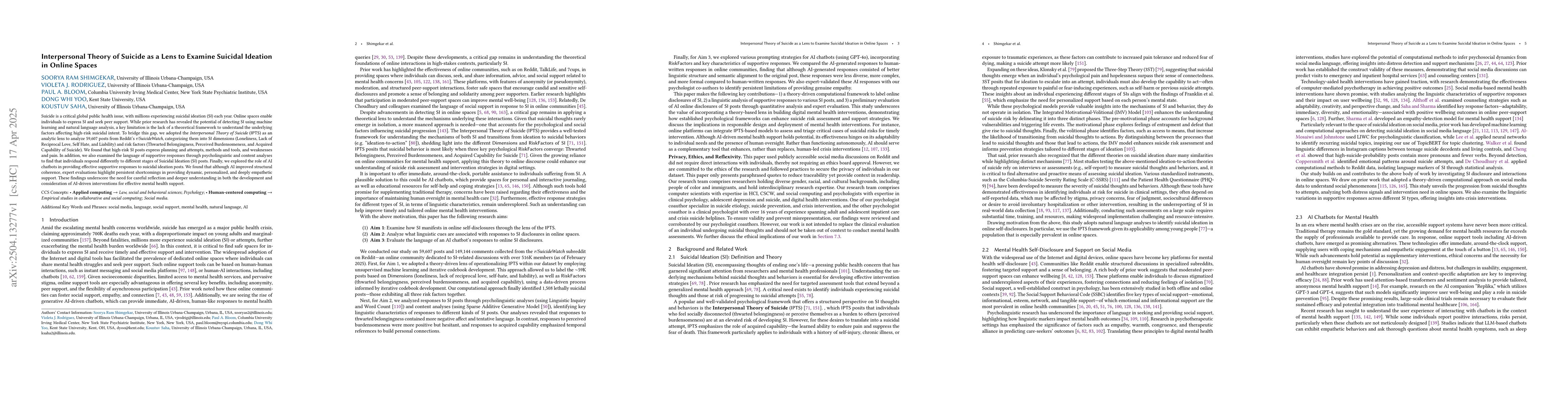 Thumbnail for Interpersonal Theory of Suicide as a Lens to Examine Suicidal Ideation
  in Online Spaces