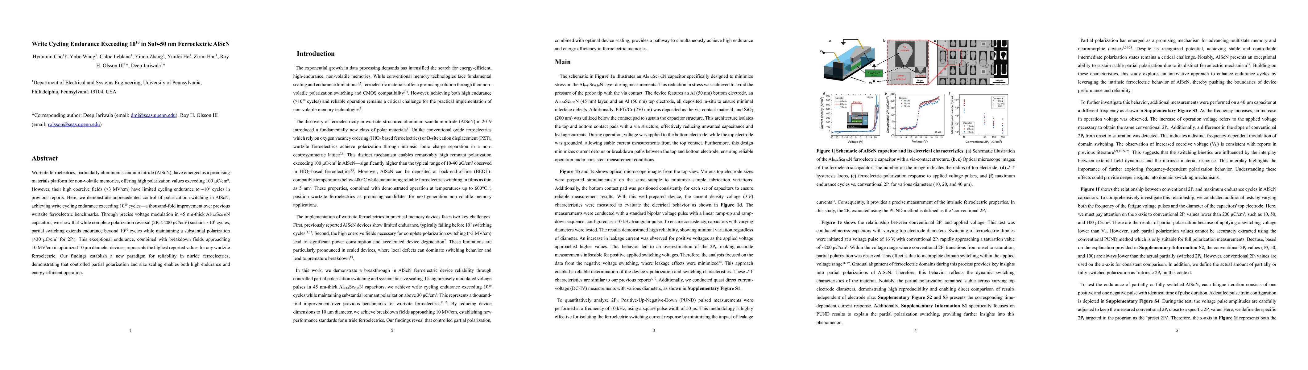 Thumbnail for Write Cycling Endurance Exceeding 1010 in Sub-50 nm Ferroelectric AlScN