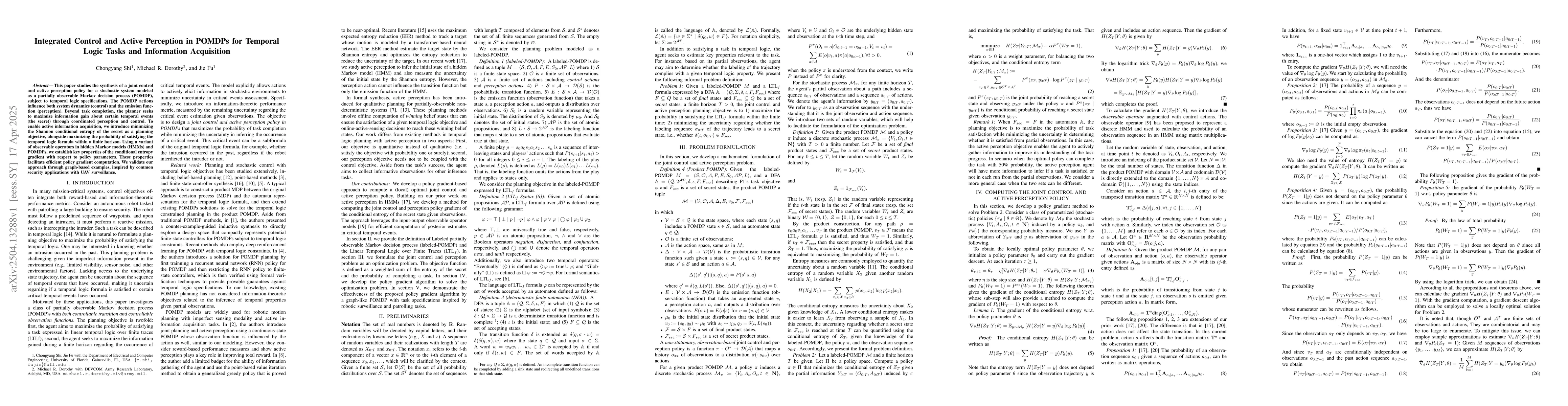 Thumbnail for Integrated Control and Active Perception in POMDPs for Temporal Logic
  Tasks and Information Acquisition