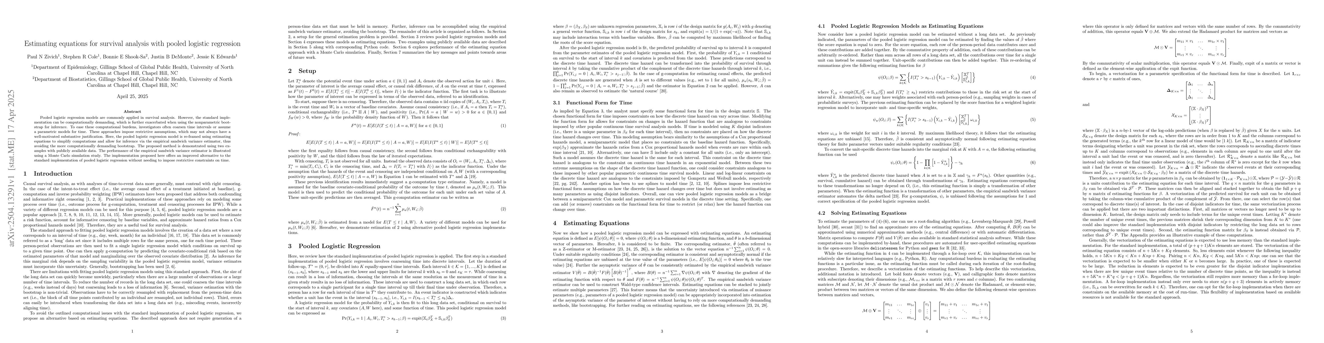 Thumbnail for Estimating equations for survival analysis with pooled logistic
  regression