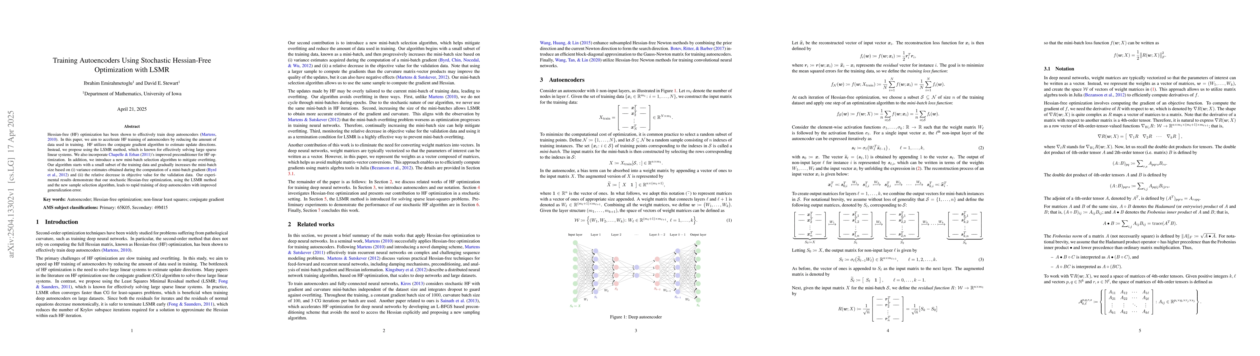Thumbnail for Training Autoencoders Using Stochastic Hessian-Free Optimization with
  LSMR