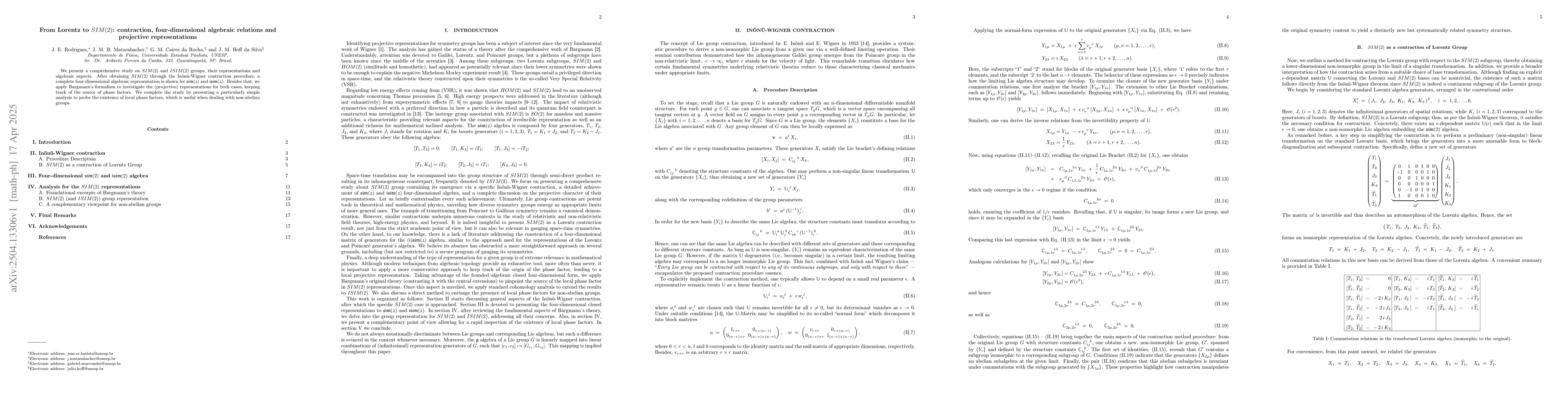 Thumbnail for From Lorentz to $SIM(2)$: contraction, four-dimensional algebraic
  relations and projective representations