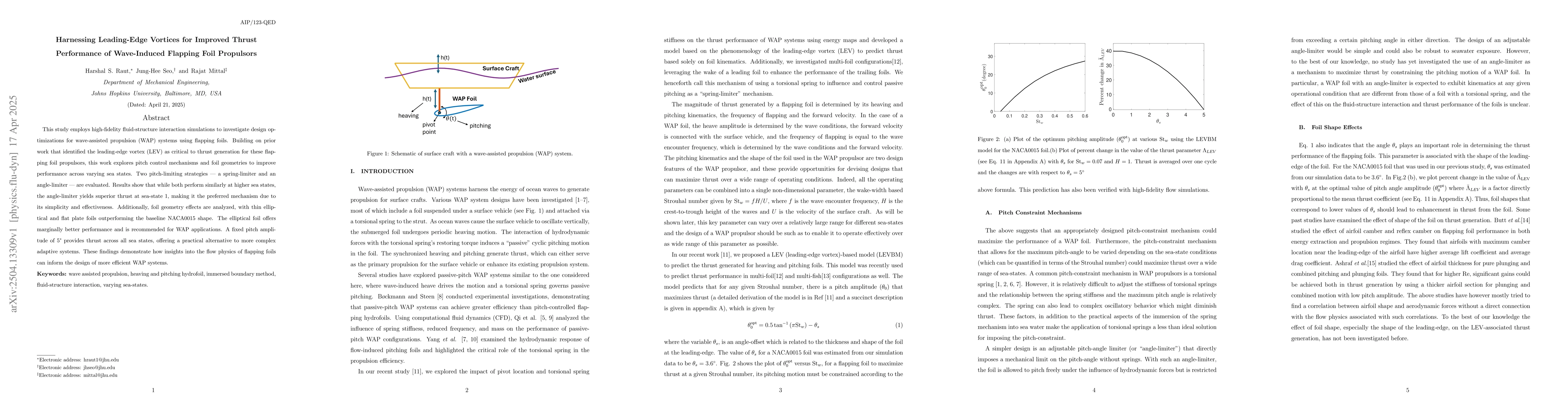 Thumbnail for Harnessing Leading-Edge Vortices for Improved Thrust Performance of
  Wave-Induced Flapping Foil Propulsors