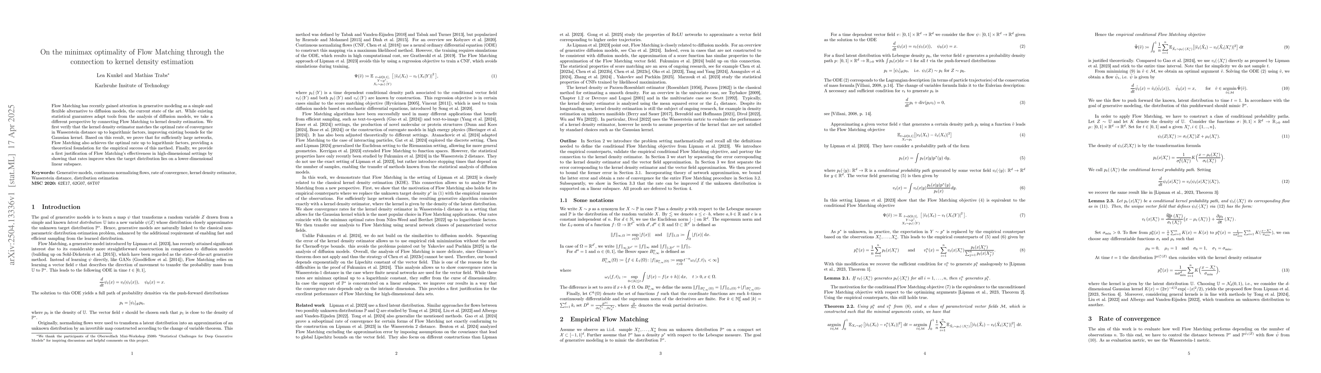 Thumbnail for On the minimax optimality of Flow Matching through the connection to
  kernel density estimation