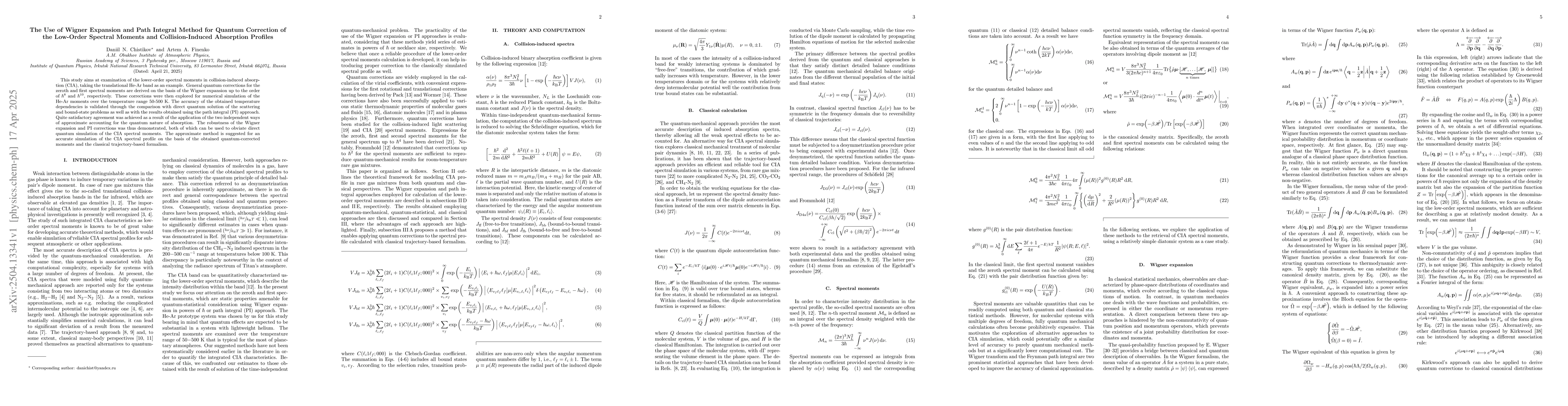 Thumbnail for The Use of Wigner Expansion and Path Integral Method for Quantum
  Correction of the Low-Order Spectral Moments and Collision-Induced Absorption
  Profiles