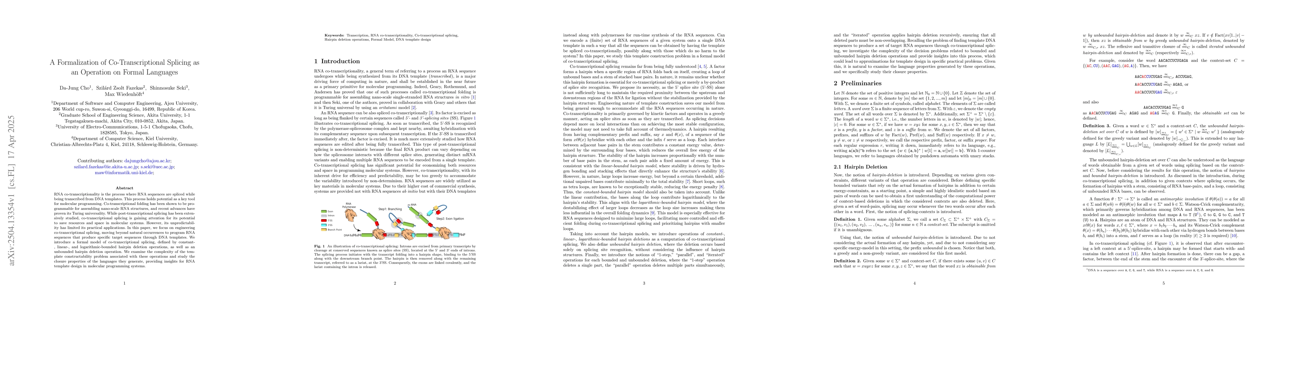 Thumbnail for A Formalization of Co-Transcriptional Splicing as an Operation on Formal
  Languages