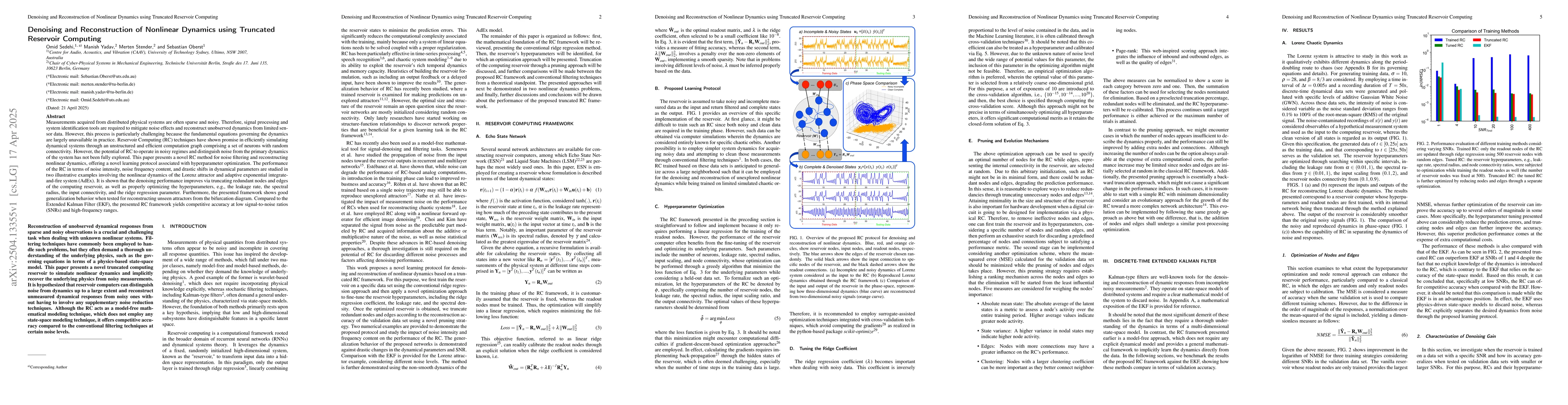 Thumbnail for Denoising and Reconstruction of Nonlinear Dynamics using Truncated
  Reservoir Computing
