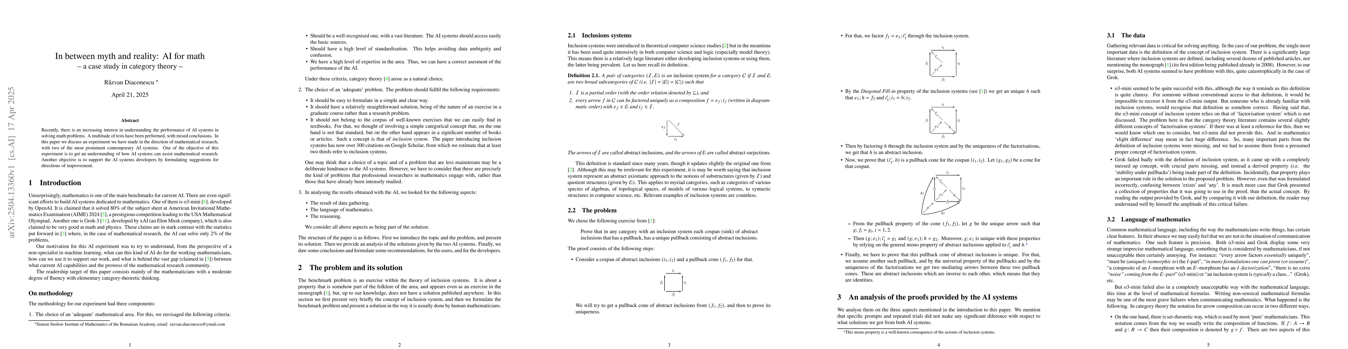 Thumbnail for In between myth and reality: AI for math -- a case study in category
  theory