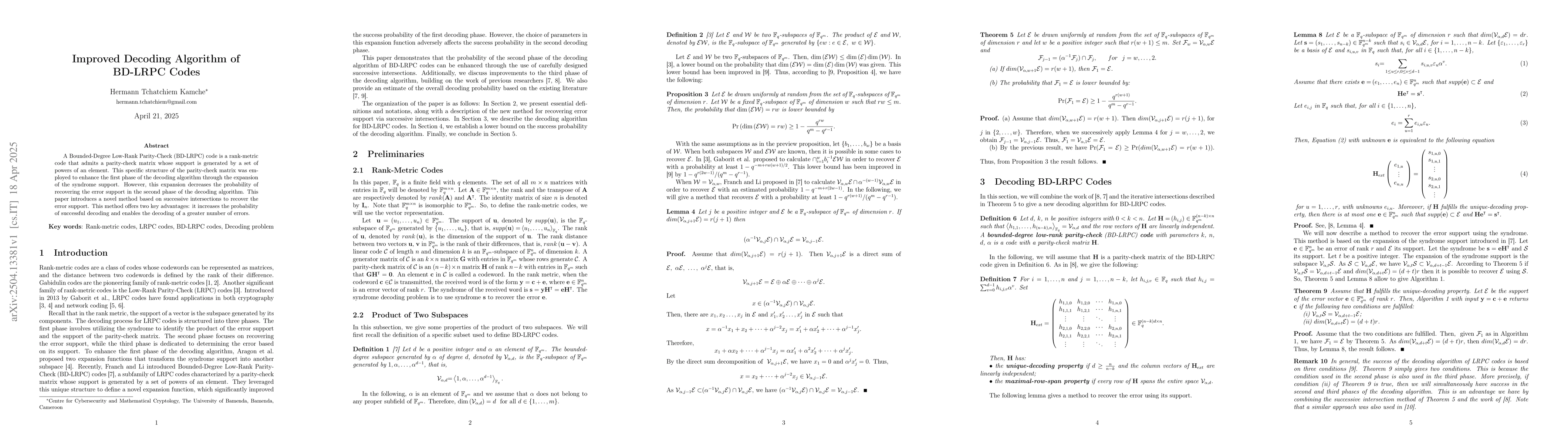 Thumbnail for Improved Decoding Algorithm of BD-LRPC Codes