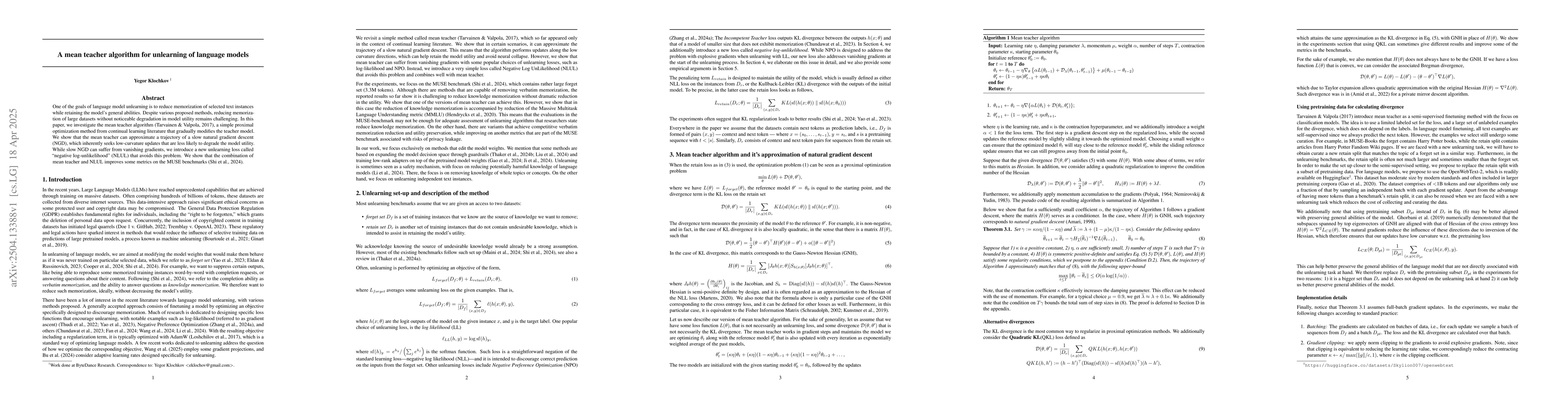 Thumbnail for A mean teacher algorithm for unlearning of language models