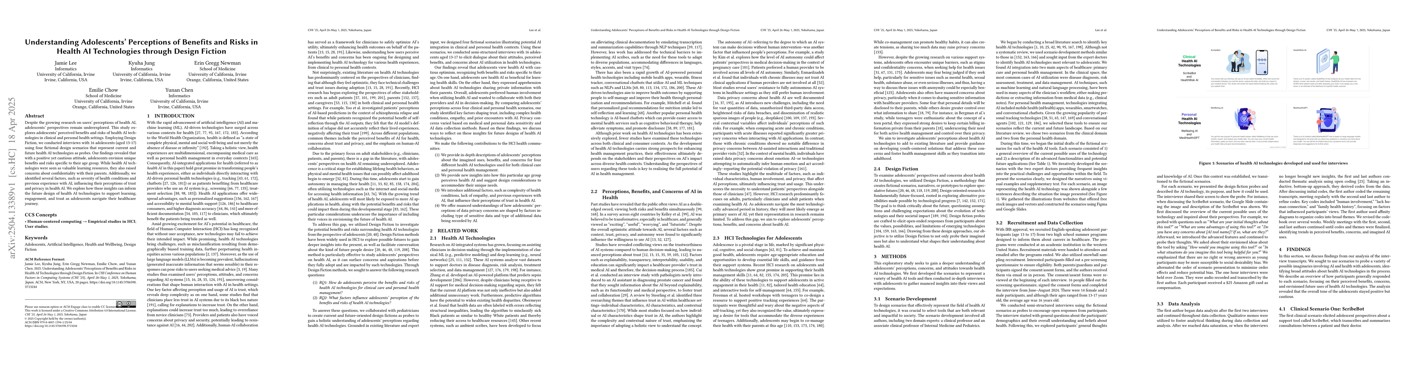 Thumbnail for Understanding Adolescents' Perceptions of Benefits and Risks in Health
  AI Technologies through Design Fiction