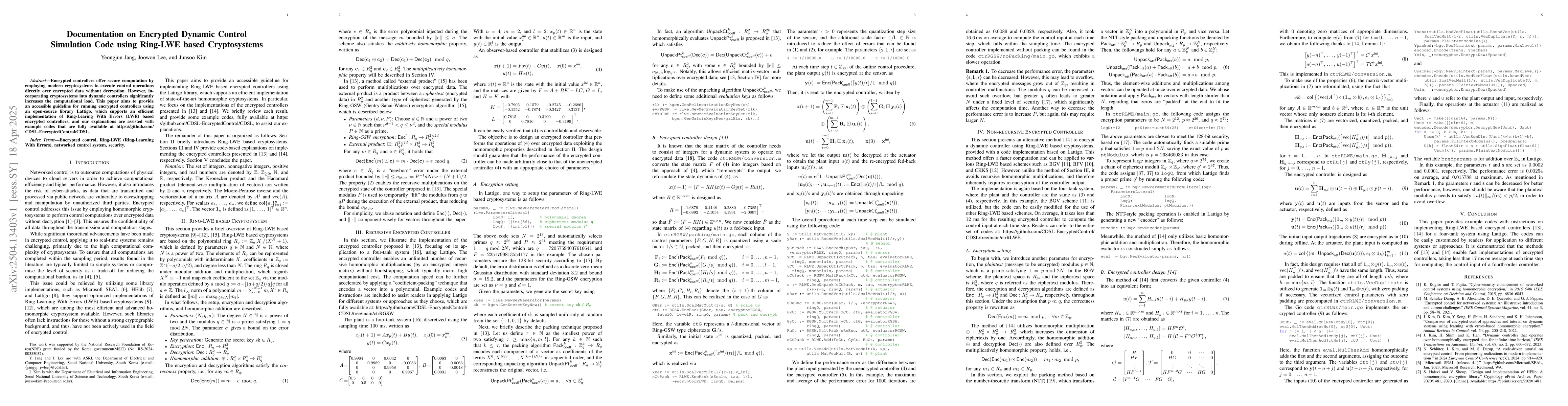 Thumbnail for Documentation on Encrypted Dynamic Control Simulation Code using
  Ring-LWE based Cryptosystems