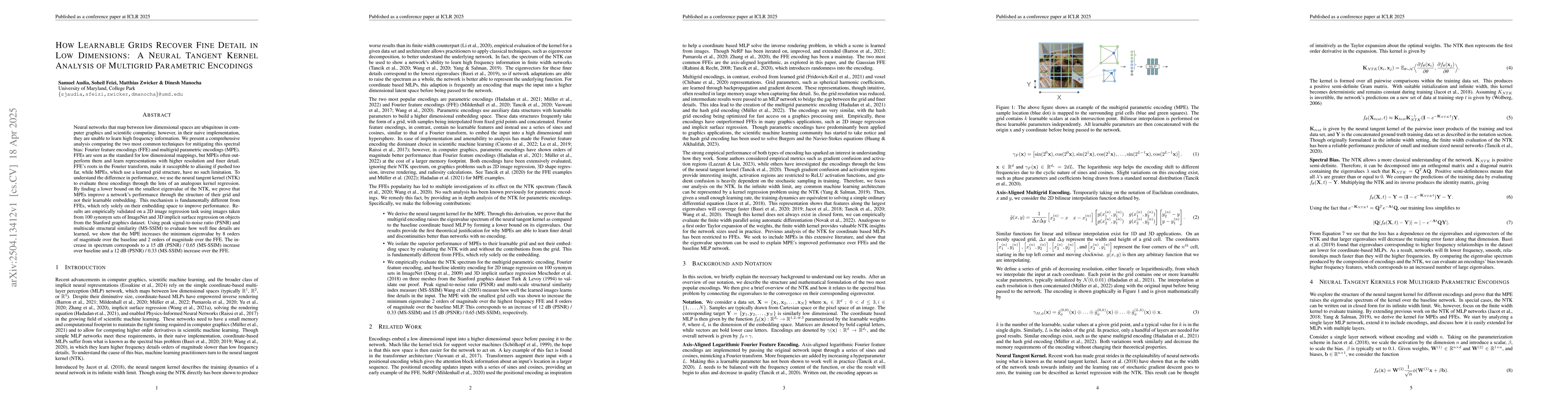 Thumbnail for How Learnable Grids Recover Fine Detail in Low Dimensions: A Neural
  Tangent Kernel Analysis of Multigrid Parametric Encodings
