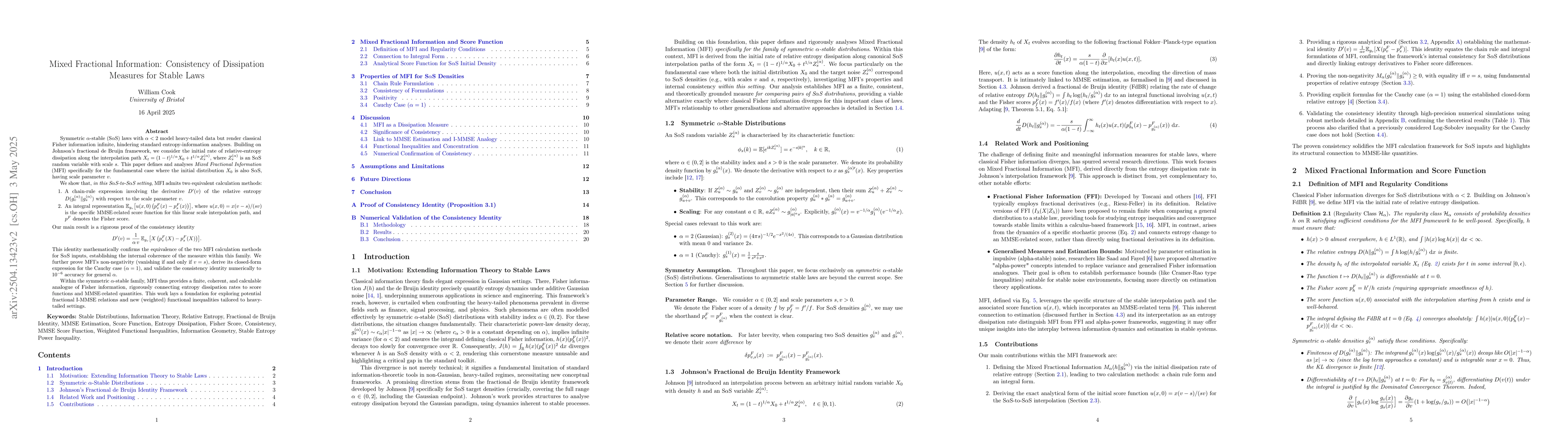 Thumbnail for Mixed Fractional Information: Consistency of Dissipation Measures for
  Stable Laws