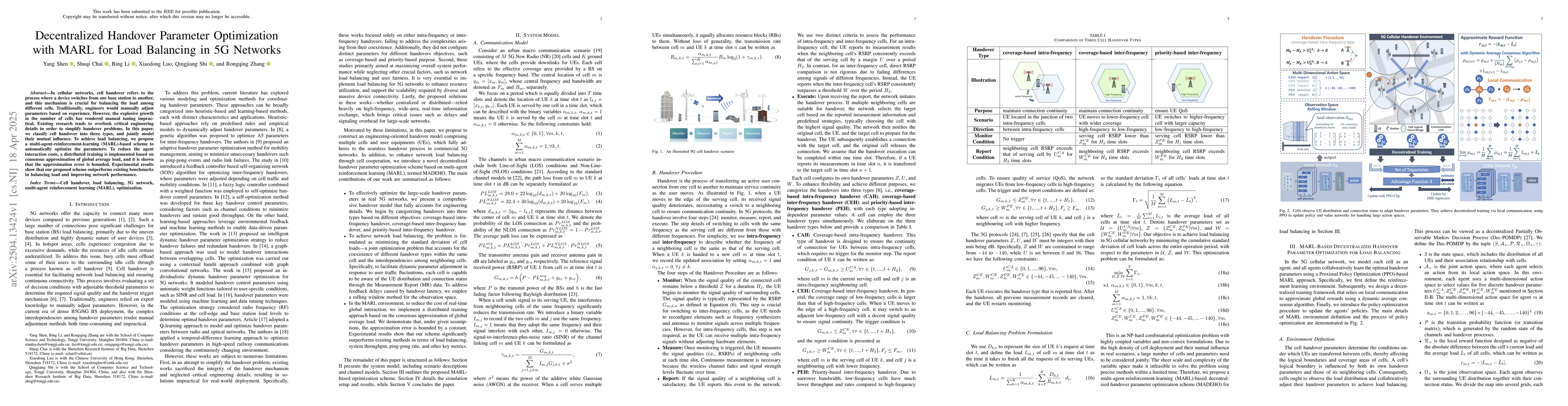 Thumbnail for Decentralized Handover Parameter Optimization with MARL for Load
  Balancing in 5G Networks