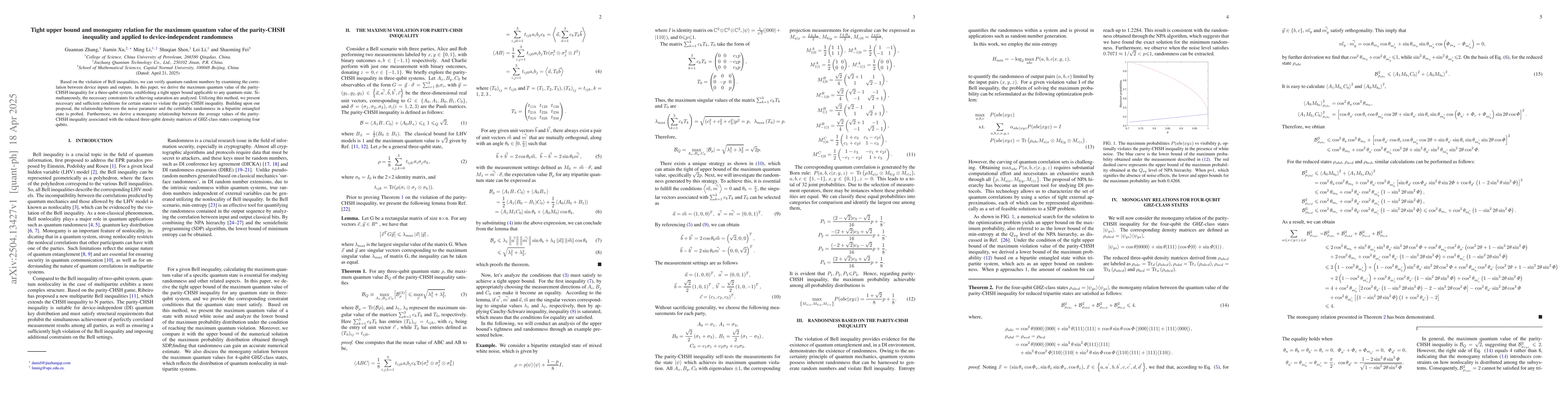 Thumbnail for Tight upper bound and monogamy relation for the maximum quantum value of
  the parity-CHSH inequality and applied to device-independent randomness