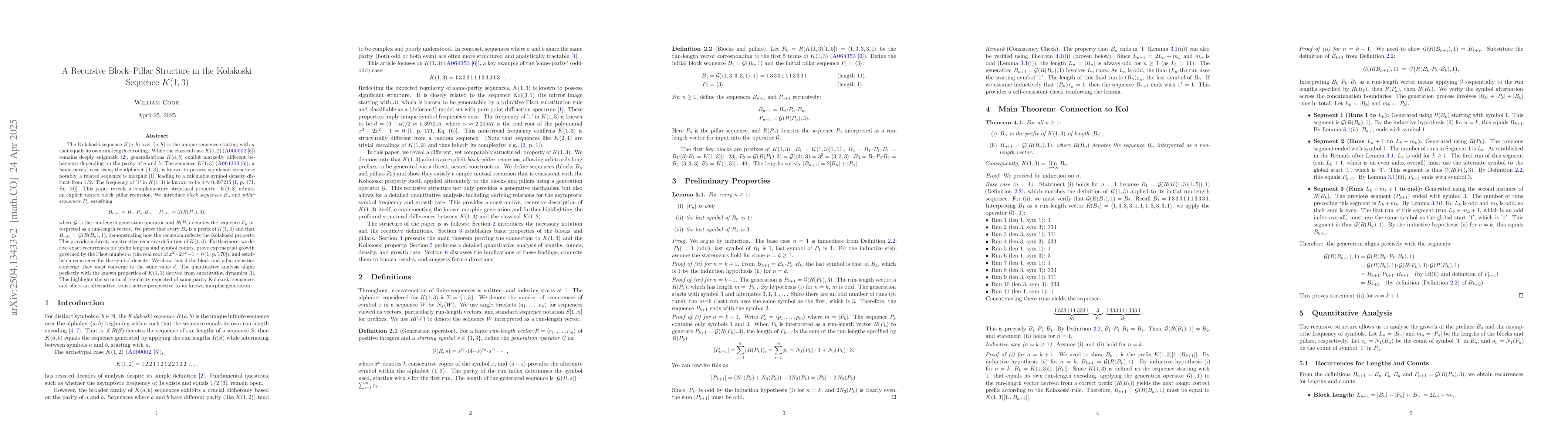 Thumbnail for A Recursive Block Pillar Structure in the Kolakoski Sequence K(1,3)