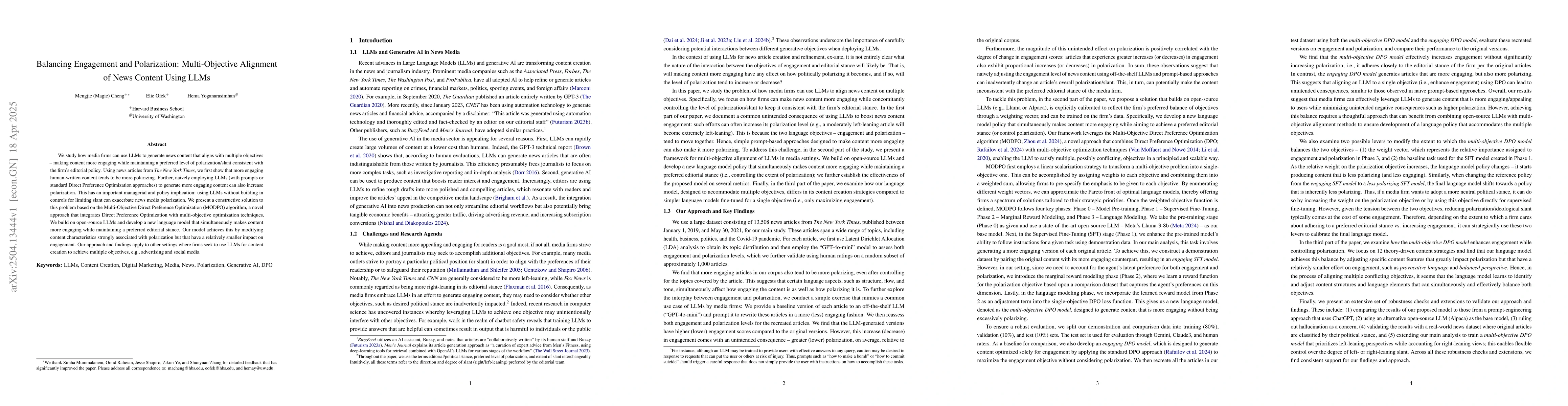 Thumbnail for Balancing Engagement and Polarization: Multi-Objective Alignment of News
  Content Using LLMs