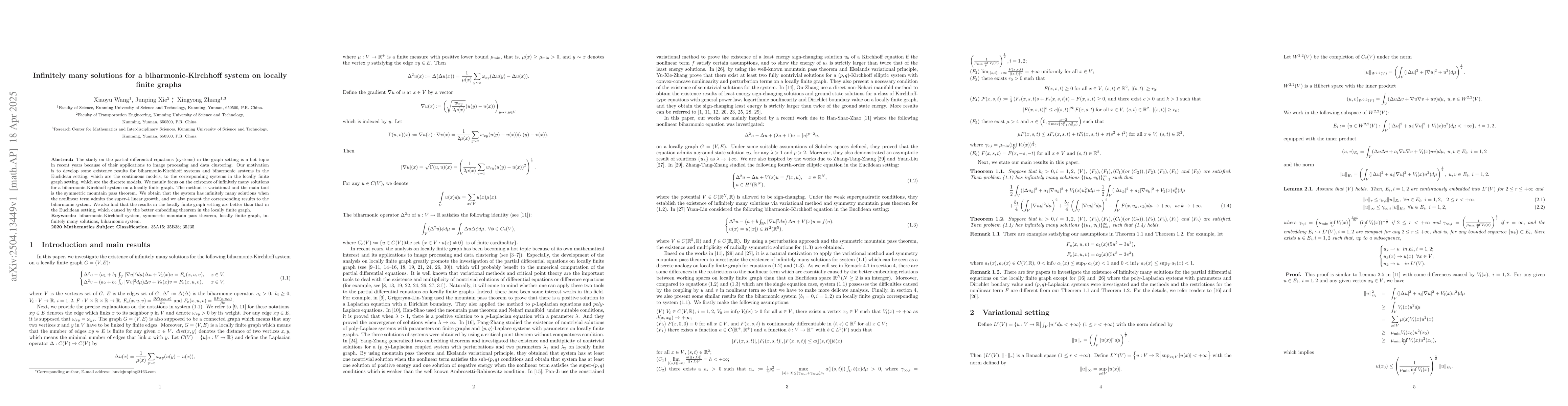 Thumbnail for Infinitely many solutions for a biharmonic-Kirchhoff system on locally
  finite graphs