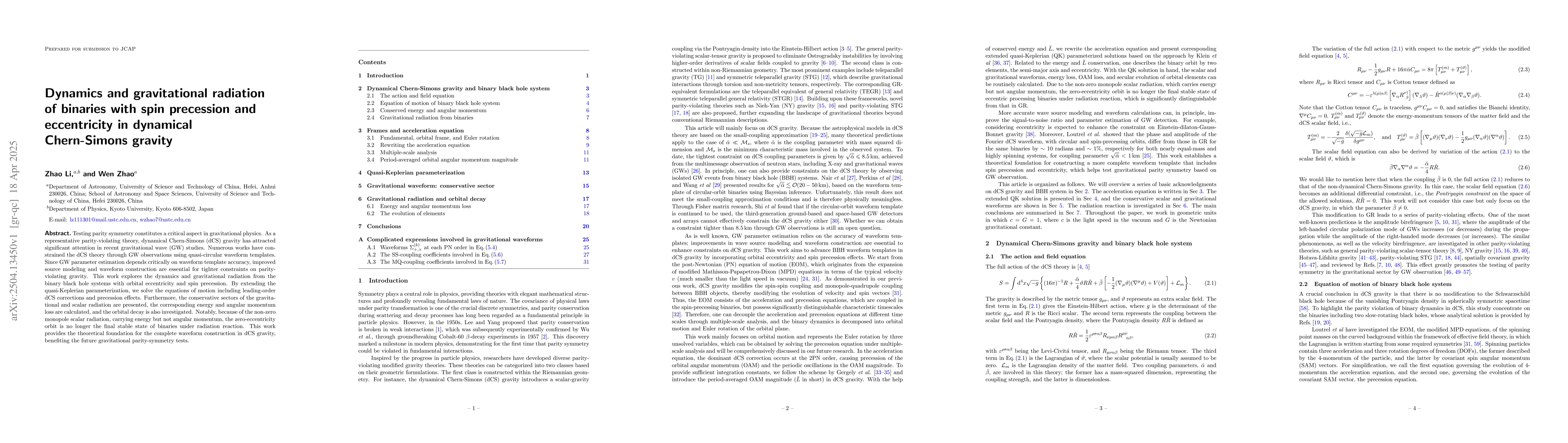Thumbnail for Dynamics and gravitational radiation of binaries with spin precession
  and eccentricity in dynamical Chern-Simons gravity